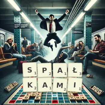 Kreatywna ilustracja do gry w Scrabble ze słowem SPAŁKAMI ułożonym z płytek na planszy.