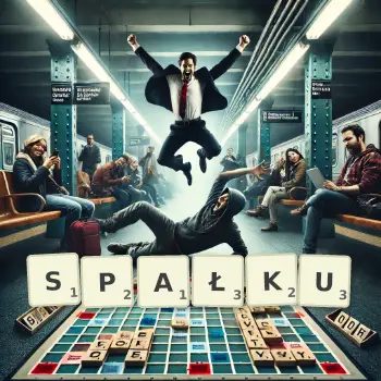 Kreatywna ilustracja do gry w Scrabble ze słowem SPAŁKU ułożonym z płytek na planszy.