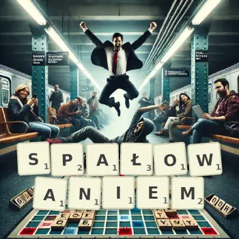 Kreatywna ilustracja do gry w Scrabble ze słowem SPAŁOWANIEM ułożonym z płytek na planszy.