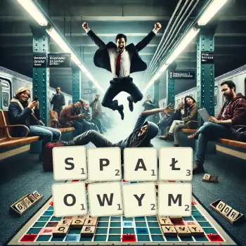 Kreatywna ilustracja do gry w Scrabble ze słowem SPAŁOWYM ułożonym z płytek na planszy.