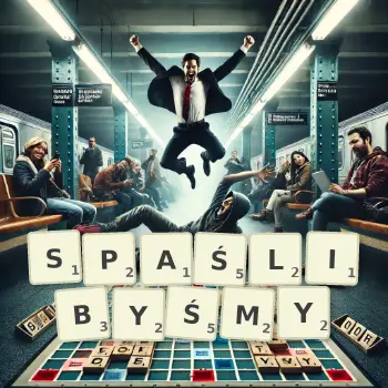 Kreatywna ilustracja do gry w Scrabble ze słowem SPAŚLIBYŚMY ułożonym z płytek na planszy.