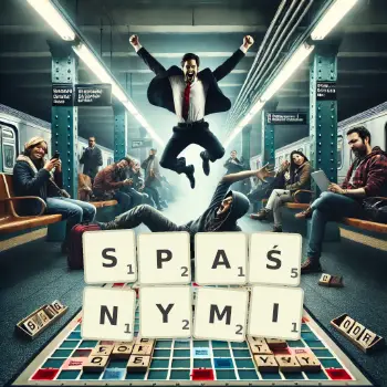 Kreatywna ilustracja do gry w Scrabble ze słowem SPAŚNYMI ułożonym z płytek na planszy.