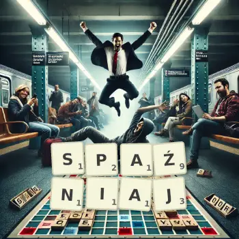 Kreatywna ilustracja do gry w Scrabble ze słowem SPAŹNIAJ ułożonym z płytek na planszy.