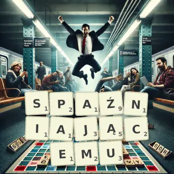 Kreatywna ilustracja do gry w Scrabble ze słowem SPAŹNIAJĄCEMU ułożonym z płytek na planszy.