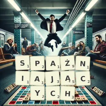 Kreatywna ilustracja do gry w Scrabble ze słowem SPAŹNIAJĄCYCH ułożonym z płytek na planszy.