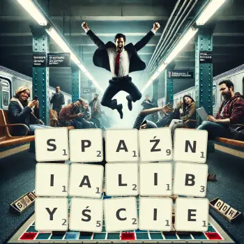 Kreatywna ilustracja do gry w Scrabble ze słowem SPAŹNIALIBYŚCIE ułożonym z płytek na planszy.