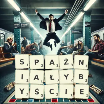 Kreatywna ilustracja do gry w Scrabble ze słowem SPAŹNIAŁYBYŚCIE ułożonym z płytek na planszy.