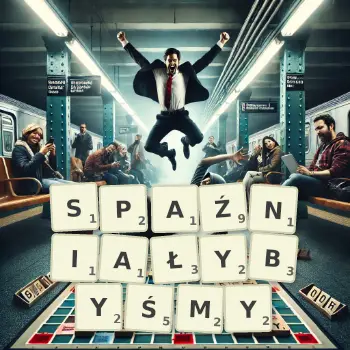Kreatywna ilustracja do gry w Scrabble ze słowem SPAŹNIAŁYBYŚMY ułożonym z płytek na planszy.