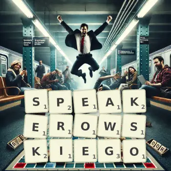 Kreatywna ilustracja do gry w Scrabble ze słowem SPEAKEROWSKIEGO ułożonym z płytek na planszy.