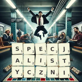 Kreatywna ilustracja do gry w Scrabble ze słowem SPECJALISTYCZNI ułożonym z płytek na planszy.