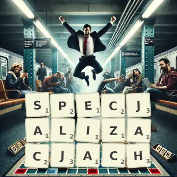 Kreatywna ilustracja do gry w Scrabble ze słowem SPECJALIZACJACH ułożonym z płytek na planszy.