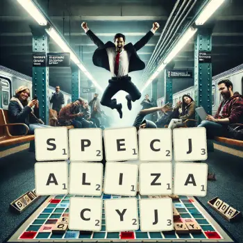 Kreatywna ilustracja do gry w Scrabble ze słowem SPECJALIZACYJ ułożonym z płytek na planszy.