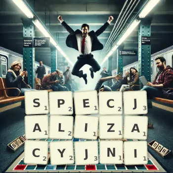 Kreatywna ilustracja do gry w Scrabble ze słowem SPECJALIZACYJNI ułożonym z płytek na planszy.