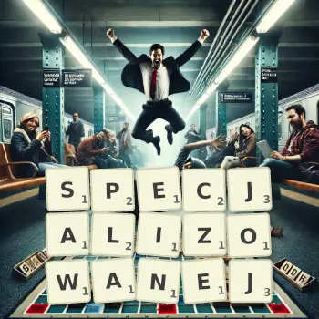 Kreatywna ilustracja do gry w Scrabble ze słowem SPECJALIZOWANEJ ułożonym z płytek na planszy.