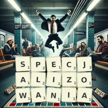 Kreatywna ilustracja do gry w Scrabble ze słowem SPECJALIZOWANIA ułożonym z płytek na planszy.