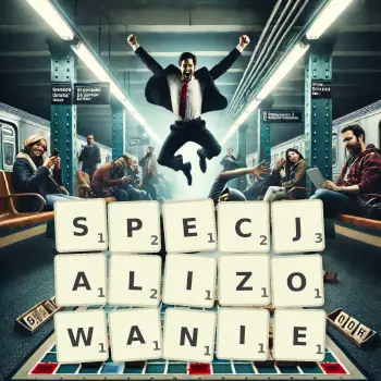 Kreatywna ilustracja do gry w Scrabble ze słowem SPECJALIZOWANIE ułożonym z płytek na planszy.