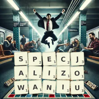 Kreatywna ilustracja do gry w Scrabble ze słowem SPECJALIZOWANIU ułożonym z płytek na planszy.