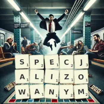 Kreatywna ilustracja do gry w Scrabble ze słowem SPECJALIZOWANYM ułożonym z płytek na planszy.