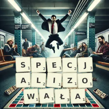 Kreatywna ilustracja do gry w Scrabble ze słowem SPECJALIZOWAŁA ułożonym z płytek na planszy.