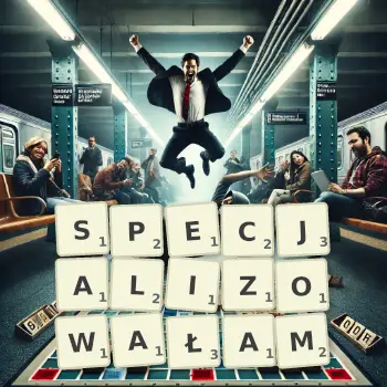 Kreatywna ilustracja do gry w Scrabble ze słowem SPECJALIZOWAŁAM ułożonym z płytek na planszy.