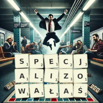 Kreatywna ilustracja do gry w Scrabble ze słowem SPECJALIZOWAŁAŚ ułożonym z płytek na planszy.