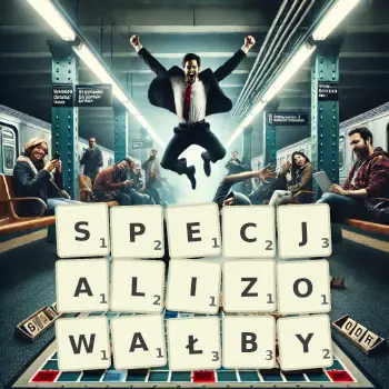 Kreatywna ilustracja do gry w Scrabble ze słowem SPECJALIZOWAŁBY ułożonym z płytek na planszy.