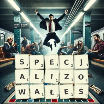 Kreatywna ilustracja do gry w Scrabble ze słowem SPECJALIZOWAŁEŚ ułożonym z płytek na planszy.