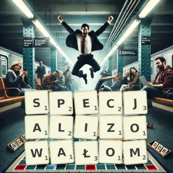 Kreatywna ilustracja do gry w Scrabble ze słowem SPECJALIZOWAŁOM ułożonym z płytek na planszy.