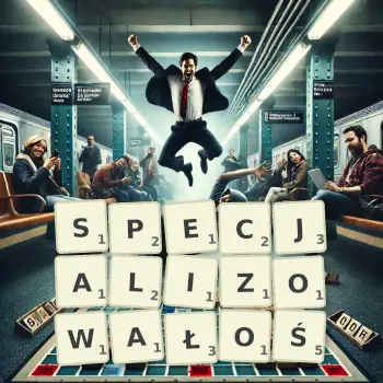 Kreatywna ilustracja do gry w Scrabble ze słowem SPECJALIZOWAŁOŚ ułożonym z płytek na planszy.