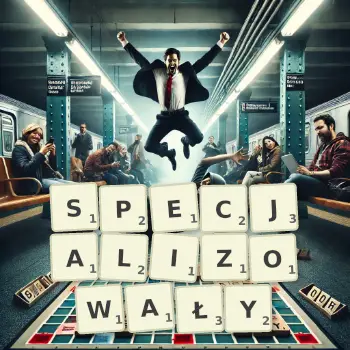 Kreatywna ilustracja do gry w Scrabble ze słowem SPECJALIZOWAŁY ułożonym z płytek na planszy.