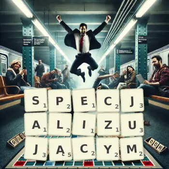 Kreatywna ilustracja do gry w Scrabble ze słowem SPECJALIZUJĄCYM ułożonym z płytek na planszy.