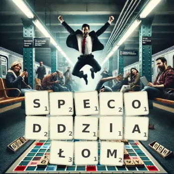 Kreatywna ilustracja do gry w Scrabble ze słowem SPECODDZIAŁOM ułożonym z płytek na planszy.