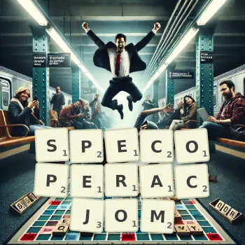 Kreatywna ilustracja do gry w Scrabble ze słowem SPECOPERACJOM ułożonym z płytek na planszy.