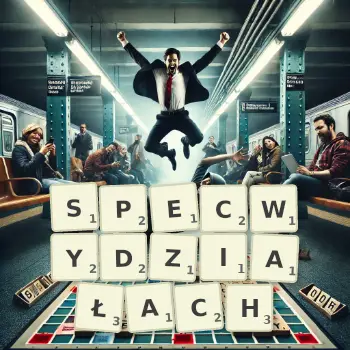Kreatywna ilustracja do gry w Scrabble ze słowem SPECWYDZIAŁACH ułożonym z płytek na planszy.