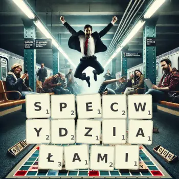 Kreatywna ilustracja do gry w Scrabble ze słowem SPECWYDZIAŁAMI ułożonym z płytek na planszy.