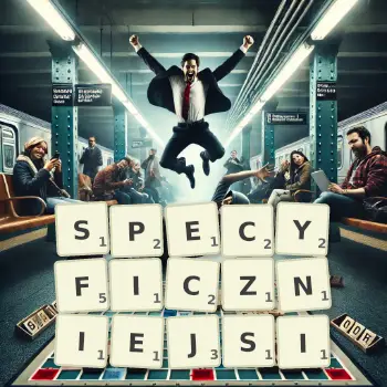 Kreatywna ilustracja do gry w Scrabble ze słowem SPECYFICZNIEJSI ułożonym z płytek na planszy.