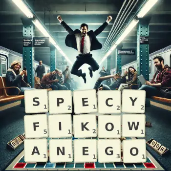 Kreatywna ilustracja do gry w Scrabble ze słowem SPECYFIKOWANEGO ułożonym z płytek na planszy.