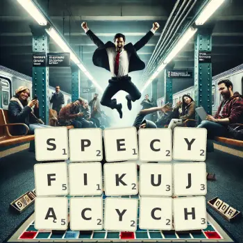 Kreatywna ilustracja do gry w Scrabble ze słowem SPECYFIKUJĄCYCH ułożonym z płytek na planszy.