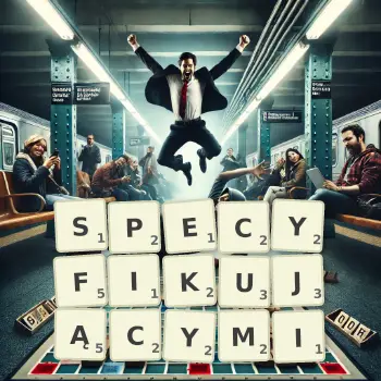 Kreatywna ilustracja do gry w Scrabble ze słowem SPECYFIKUJĄCYMI ułożonym z płytek na planszy.