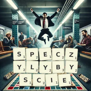 Kreatywna ilustracja do gry w Scrabble ze słowem SPECZYLYBYSCIE ułożonym z płytek na planszy.