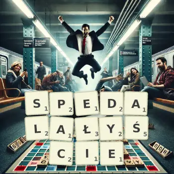 Kreatywna ilustracja do gry w Scrabble ze słowem SPEDALAŁYŚCIE ułożonym z płytek na planszy.