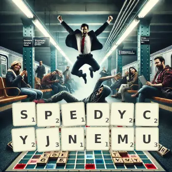 Kreatywna ilustracja do gry w Scrabble ze słowem SPEDYCYJNEMU ułożonym z płytek na planszy.