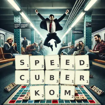 Kreatywna ilustracja do gry w Scrabble ze słowem SPEEDCUBERKOM ułożonym z płytek na planszy.