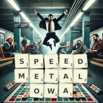 Kreatywna ilustracja do gry w Scrabble ze słowem SPEEDMETALOWA ułożonym z płytek na planszy.