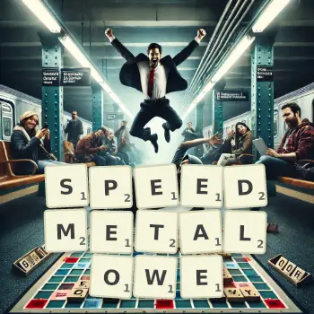 Kreatywna ilustracja do gry w Scrabble ze słowem SPEEDMETALOWE ułożonym z płytek na planszy.