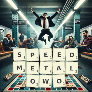Kreatywna ilustracja do gry w Scrabble ze słowem SPEEDMETALOWO ułożonym z płytek na planszy.