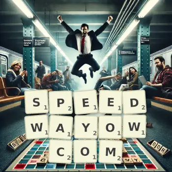 Kreatywna ilustracja do gry w Scrabble ze słowem SPEEDWAYOWCOM ułożonym z płytek na planszy.