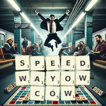 Kreatywna ilustracja do gry w Scrabble ze słowem SPEEDWAYOWCÓW ułożonym z płytek na planszy.