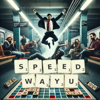 Kreatywna ilustracja do gry w Scrabble ze słowem SPEEDWAYU ułożonym z płytek na planszy.