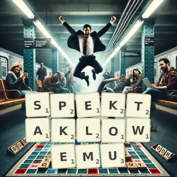 Kreatywna ilustracja do gry w Scrabble ze słowem SPEKTAKLOWEMU ułożonym z płytek na planszy.